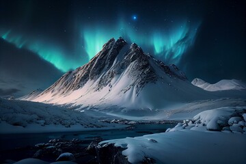 Fototapeta na wymiar northern light in the sky, snowy mountains, AI Generated
