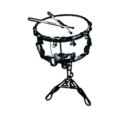 Fototapeta na wymiar Black and white sketch of a drum musical instrument with transparent background
