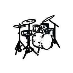 Black and white sketch of a drum musical instrument with transparent background
