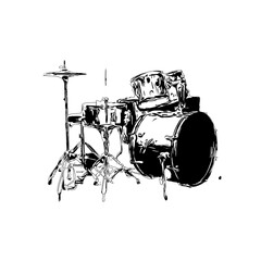 Black and white sketch of a drum musical instrument with transparent background