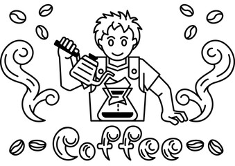 Barista man brews coffee. He pours boiling water from the coffee pot onto the roasted and ground coffee beans. The character make a hot drink. Linear print on packaging. Transparent background.