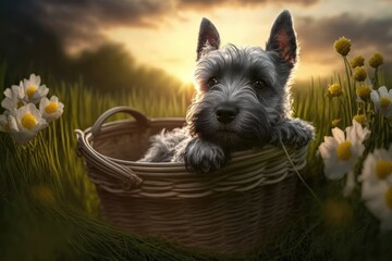 The sun is setting, and a small, fluffy gray Scottish terrier is sitting in a basket inside an arrangement of daisies on green grass, leaning its paws on the basket and gazing down at the setting sun