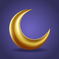 3D golden crescent moon isolated on dark blue background. Traditional arabic muslim festive element. Vector illustration