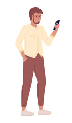 Bearded man with hand in pocket holding phone semi flat color vector character. Editable figure. Full body person on white. Simple cartoon style spot illustration for web graphic design and animation