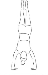 Handstand, vector. Hand drawn sketch. A woman stands on her hands in a yoga pose.