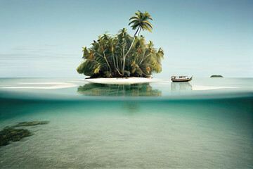 Fototapeta na wymiar Deserted island with a single palm tree and crystal clear water. - Generative AI