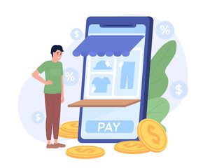 Online shopping flat concept vector spot illustration. Editable 2D cartoon character on white for web design. Purchase clothes on sale creative idea for website, mobile, magazine. Quicksand font used