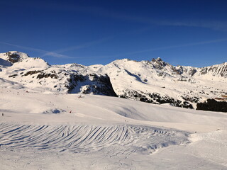 View on a mountain in the Three Valleys which is a ski region in the Tarentaise Valley in the Savoie department of Southeastern France