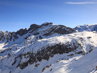 Obraz premium View on a mountain in the Three Valleys which is a ski region in the Tarentaise Valley in the Savoie department of Southeastern France