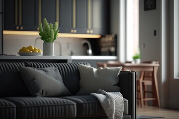 Living room background with sofa and soft blur effect. Natural lighting daytime photograph of a black kitchen. Ai generative.