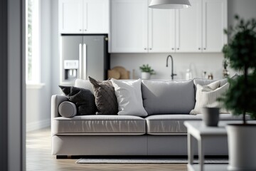 Living room background with sofa and soft blur effect. Natural lighting daytime photograph of a white kitchen. Ai generative.