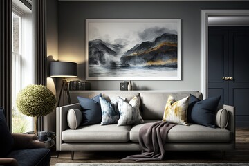 Grey sofa in contemporary living room with framed textile art. Generative AI