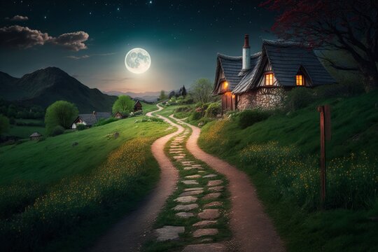 Houses on the hill at night in full moon light. Fantasy landscape. Generative AI