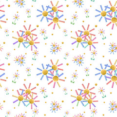 Watercolor seamless pattern of flowers built from wooden bricks. Hand painted illustration isolated on white background. For print, poster, wallpaper, scrapbooking, wrapping, fabric, textile.