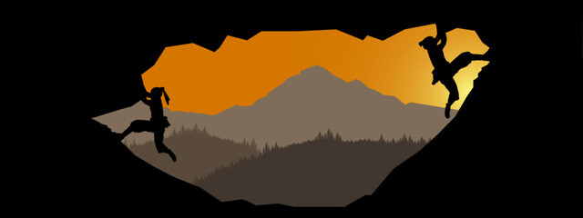 Obraz premium Climb background panorama illustration vector illustration for logo - Silhouette of mountains forest woods in the sunrise morning and woman climbing on rock , mountain landscape