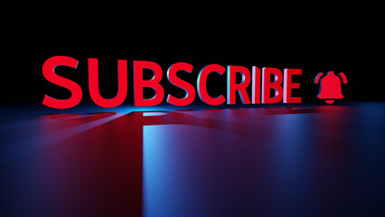 3d render of subscribe text with bell, channel subscription button