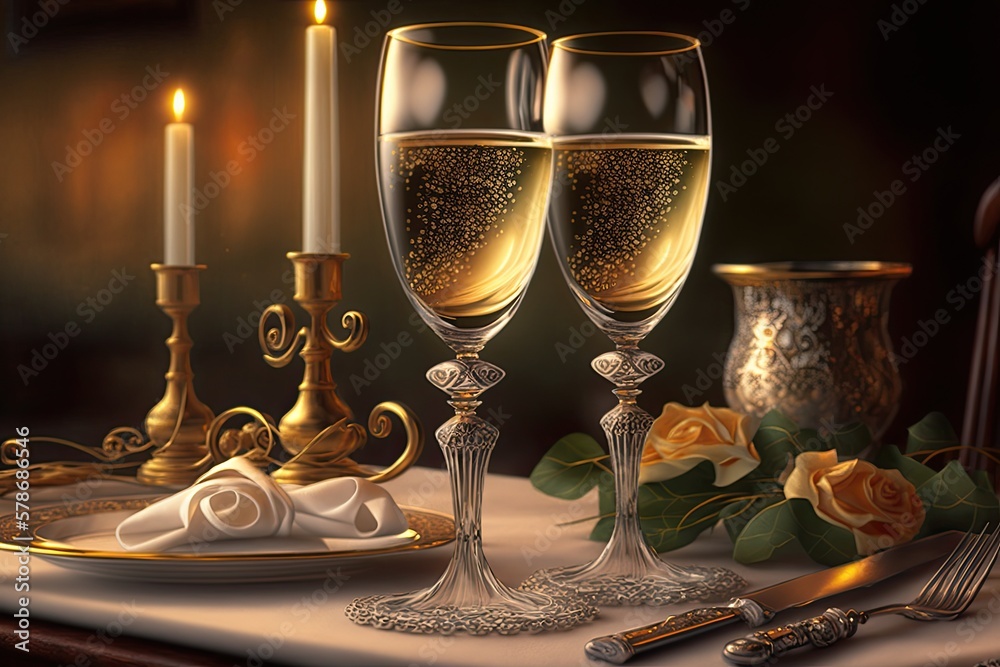 Poster Champagne toasts for the holidays and ringing in the New Year. A table set for the New Year's celebration. Two flutes of champagne, in a classic style. Generative AI