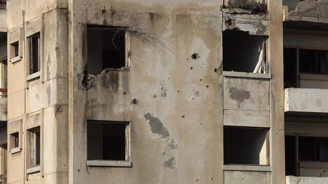 Bullet holes on a building in Varosha, the infamous 'ghost town' that was closed for almost 50 years, after Turkey invaded Northern Cyprus

