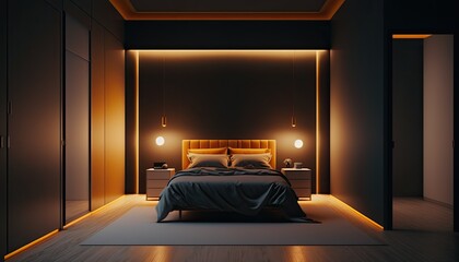 Modern bedroom interior background at night, created with Generative AI technology.