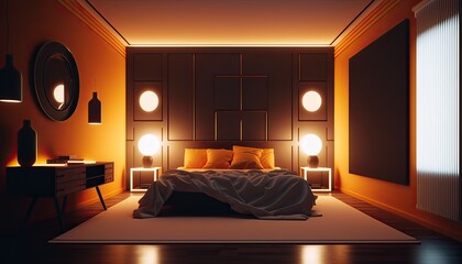 Modern bedroom interior background at night, created with Generative AI technology.