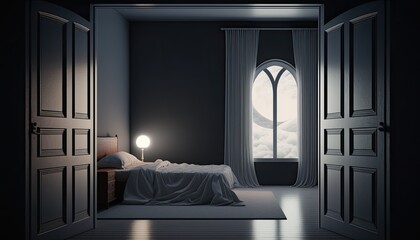 Modern bedroom interior background at night, created with Generative AI technology.