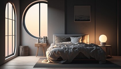 Modern bedroom interior background at night, created with Generative AI technology.