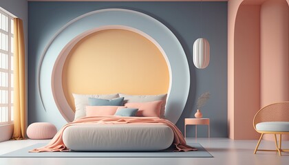 Pastel colors bedroom interior background, created with Generative AI technology.