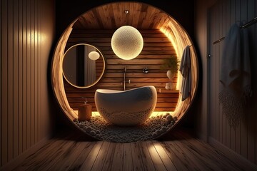 A spherical mirror lit by LEDs hangs on the wall above a wooden floor tiled in planks, and a ceramic bowl sits on a wooden cabinet. Bathtub and WC in a chic, modern bathroom. Generative AI