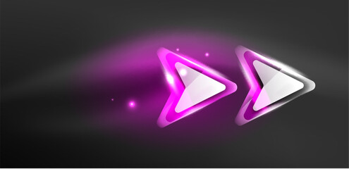 Neon speed arrow and line shapes background. Hi-tech concept with shiny backdrop. Bright flare light effect in the dark