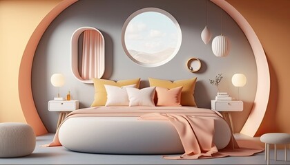 Pastel colors bedroom interior background, created with Generative AI technology.
