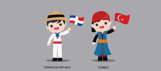 People in national dress.Dominican Republic,Turkey,Set of pairs dressed in traditional costume. National clothes. Vector illustration.