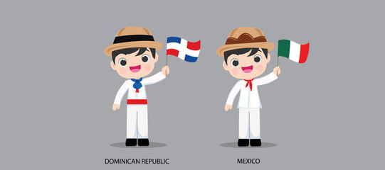 Obraz na płótnie Canvas People in national dress.Dominican Republic,Mexico,Set of pairs dressed in traditional costume. National clothes. Vector illustration.
