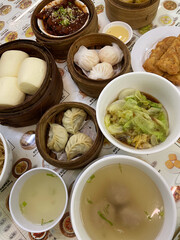 Chinese Food Plating with many variance of dimsum, shrimp prawn hakau, hongkong lettuce, fried siomay