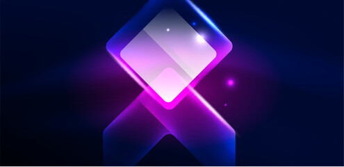 Neon speed arrow and line shapes background. Hi-tech concept with shiny backdrop. Bright flare light effect in the dark