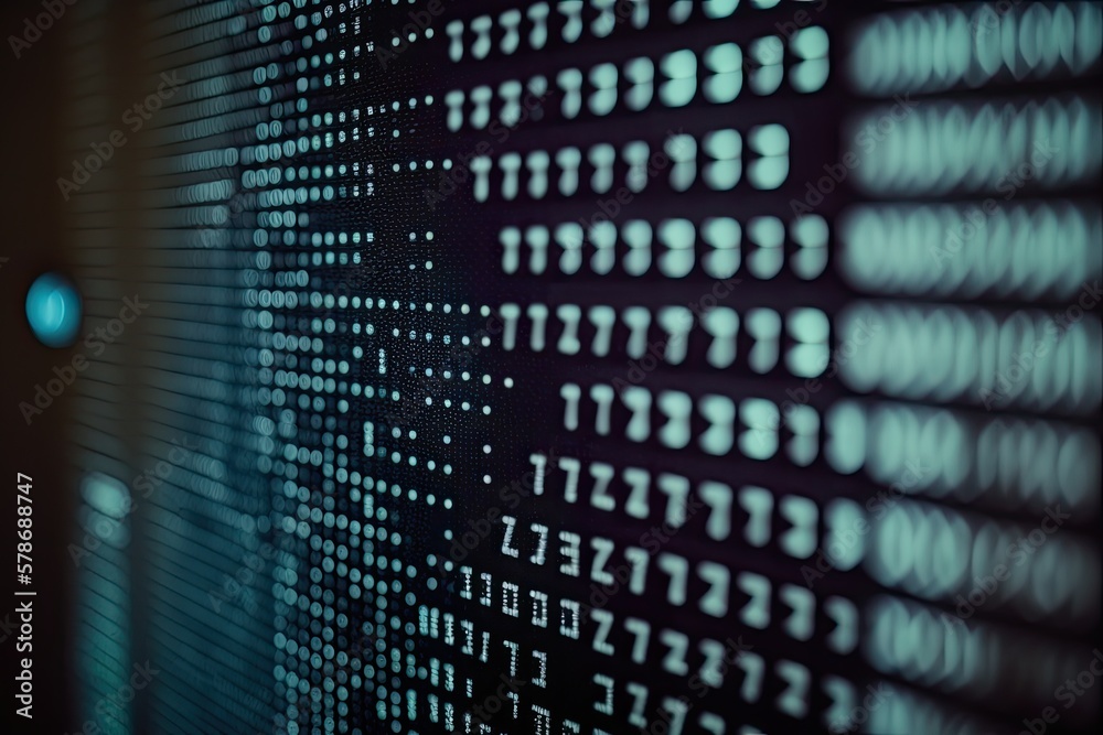 Poster on a digital screen, a binary code. minimal depth of field closeup. generative ai