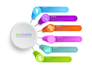 infographic bar graph and label design with 6 steps icon. Graphic for business concept showing work production steps. workflow layout process diagrams flowcharts data graphs.