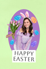 Adorable girlfriend receive secret admirer bouquet fresh spring flowers tulips shy flirty mood wear easter bunny ears artwork collage