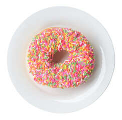 Top view of colorful glazed donut on white plate isolated on white background with clipping path in png file format