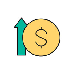 Coin with up arrow, money interest rate increase color lineal icon. Finance, payment, invest finance symbol design.