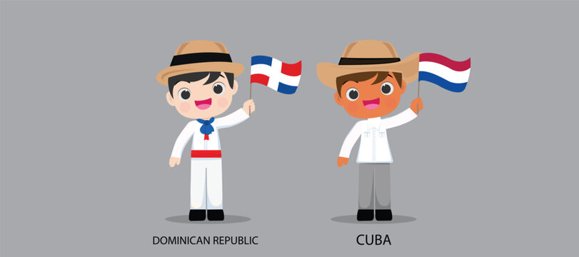 People in national dress.Dominican Republic,Cuba,Set of pairs dressed in traditional costume. National clothes. Vector illustration.