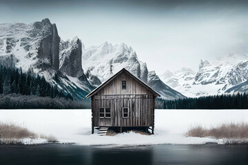Wooden cabin in snowy forest with frozen lake and mountain view - Generative AI - obrazy, fototapety, plakaty