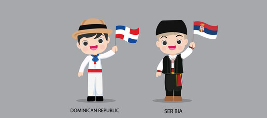 Obraz na płótnie Canvas People in national dress.Dominican Republic,Serbia,Set of pairs dressed in traditional costume. National clothes. Vector illustration.
