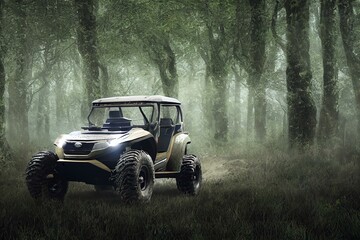 Fototapeta na wymiar light powerful four-wheel vehicle for driving on marsh atv in the forest, generative ai