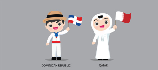 Obraz na płótnie Canvas People in national dress.Dominican Republic,Qatar,Set of pairs dressed in traditional costume. National clothes. Vector illustration.