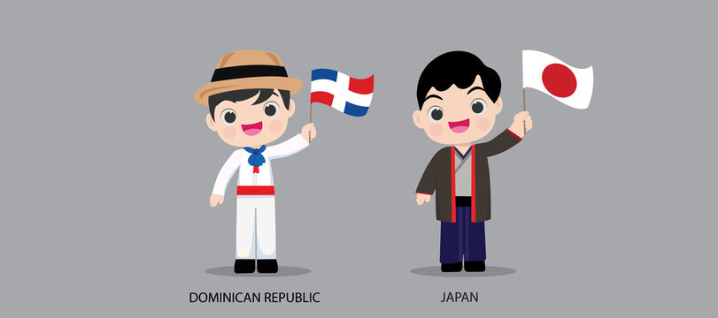 People in national dress.Dominican Republic,Japan,Set of pairs dressed in traditional costume. National clothes. Vector illustration.