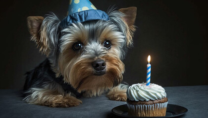 Genrative Ai. Yorkshire Terrier in party hat looking at birthday cake.