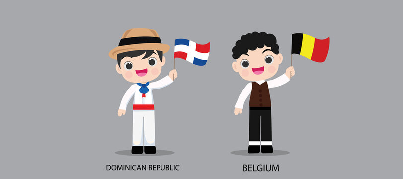 People in national dress.Dominican Republic,Belgium,Set of pairs dressed in traditional costume. National clothes. Vector illustration.