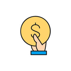 Hand holds a coin color lineal icon. Finance, payment, invest finance symbol design.