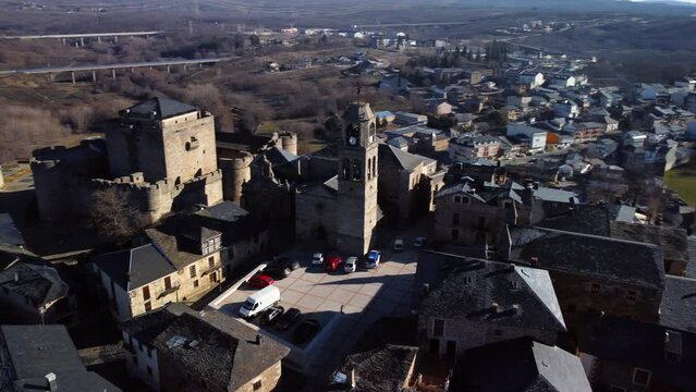 Aerial view of Puebla de Sanabria in Zamora, Castile and Leon, Spain. High quality 4k footage