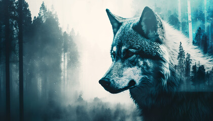 Double exposure, wolf and forest, Generative AI